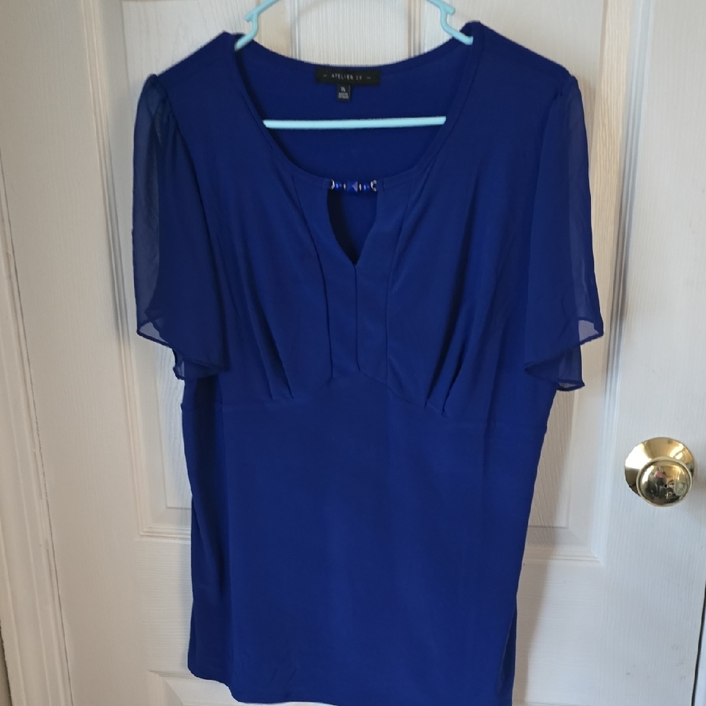 Atelier cobalt blue flutter sleeve blouse with keyhole detail